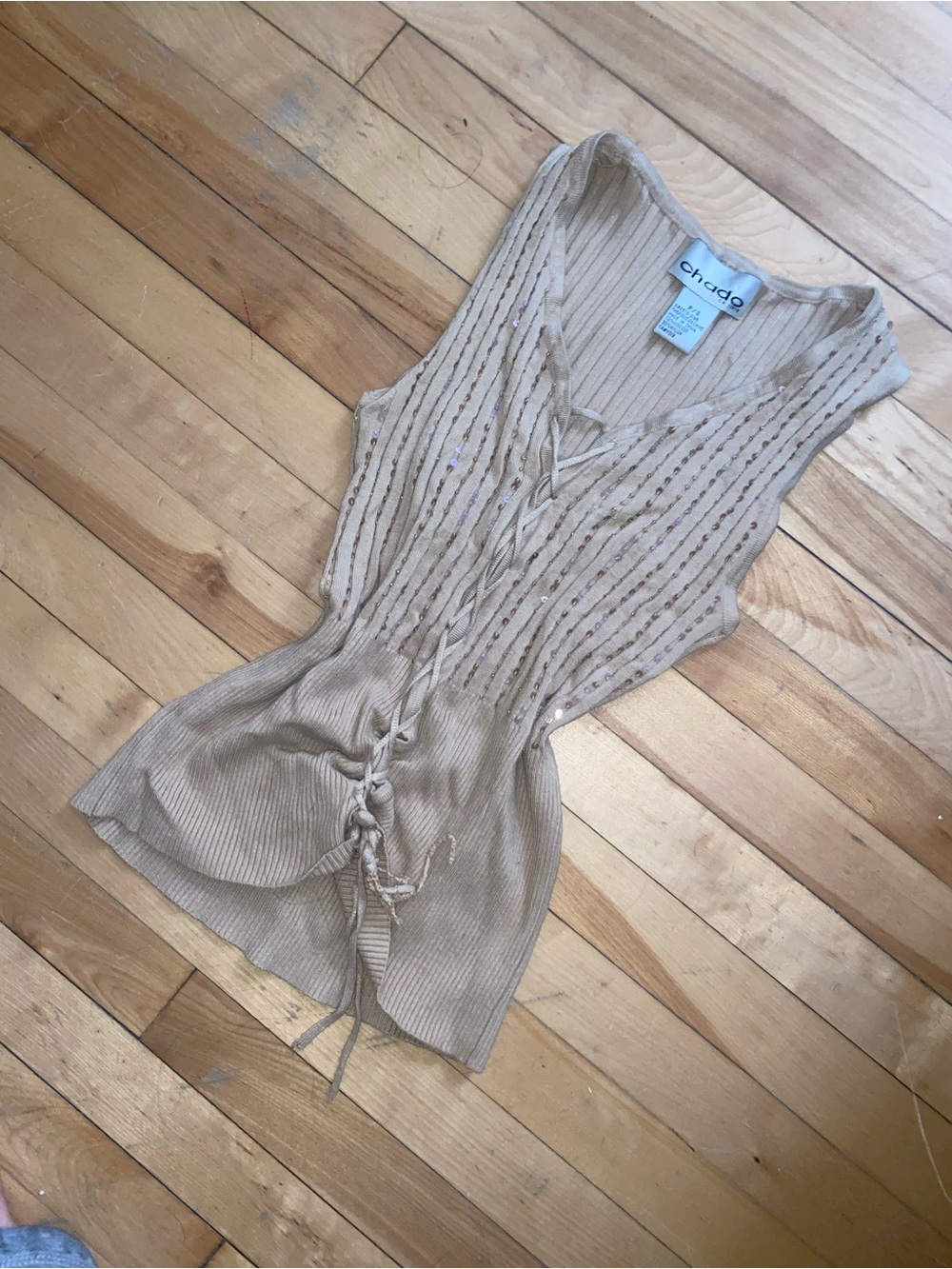 Beige Lace-Up Ribbed Sleeveless Top
